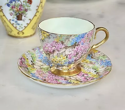 VINTAGE SHELLEY ENGLISH FINE BONE CHINA ROCK GARDEN TEA CUP Saucer Chintz 13385 • $89