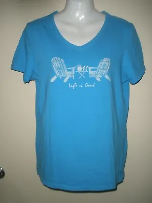 #610 Life Is Good Crusher Tee Shirt Classic Fit Lounge Chair V Neck Blue M • £9.50