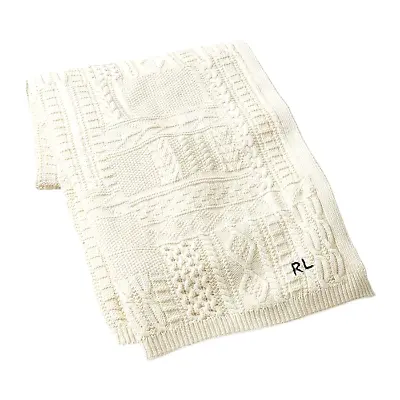 $355 Ralph Lauren Bradbury Cable Knit Throw Blanket Chic Cream 100% Cotton 54x72 • £173.58