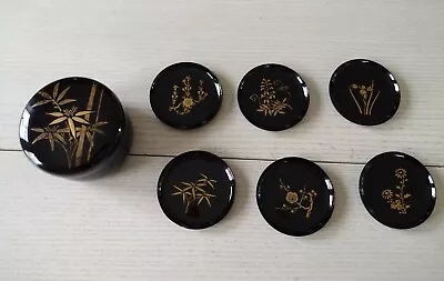 Vintage MCM Japanese Coasters Set Of 6 Black Lacquer Box Gold Bamboo/ Flaw  • $12.99