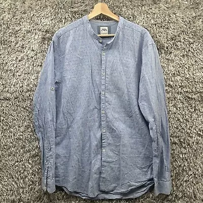 Zara Shirt Mens XL Blue Grandad Collar Pin Dot Long Sleeve Button Linen Blend • $19.99