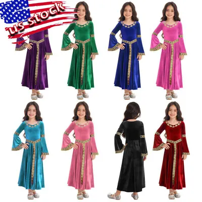 US Kid Girls Renaissance Medieval Princess Costume Cosplay Flare Sleeve Dress Up • $24.28