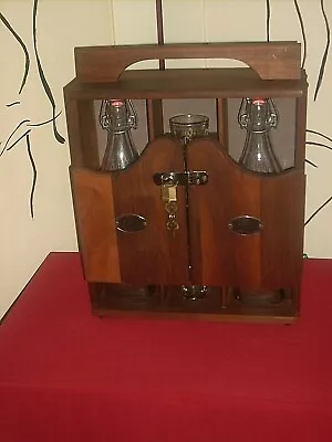 Vtg Mid Century Modern Portable Teak Wood Bar Cabinet / Decanters & Shot Glasses • $89.95