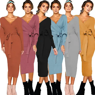 $38.24 • Buy Women Knitted Long Sleeve Wrap Pencil Bodycon Midi Dress Party V Neck Sweater