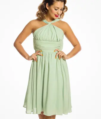 Lindy Bop Vintage Dress Sage Green Ruched Swing Grecian Neckline BNWT Size 14 • £30.49