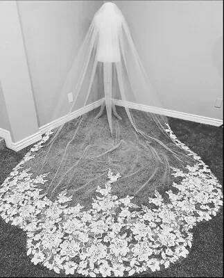 Bridal Cathedral 300cm Veil White 1T Luxury Floral Lace Scallop Edge Soft Tulle • £84