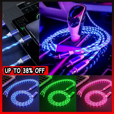 3 In 1 Charger Charging Cable USB Cord LED Light Up For IPhone Android Samsung • £3.48