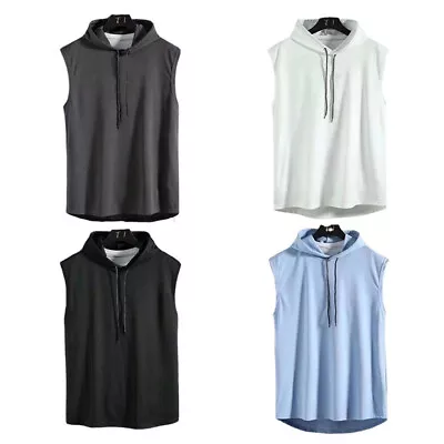 Mens Hooded Tank Tops Gym Sleeveless Hoodie Muscle T-Shirt Pullover Vest • £6.88