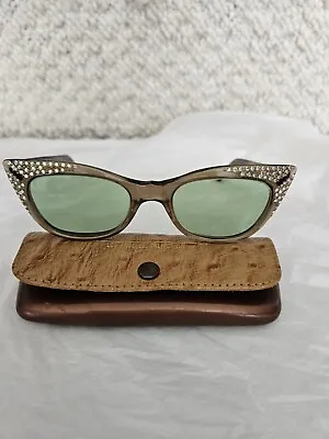 Vtg Cat Eye Rhinestone Sunglasses Green Lens Made In France Lolaire 1950's  Case • $150