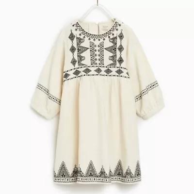 Zara Girl's Kids Cream Black Embroidered 3/4 Sleeve Boho Dress 6078/092  Sz 8 • $23.99