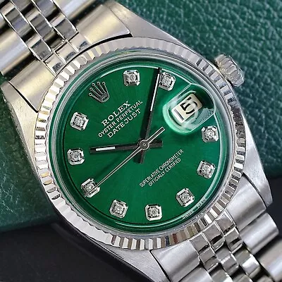 Rolex Mens Datejust Gold & Steel Green Diamond Dial Fluted Bezel 36mm Watch 1601 • $3999