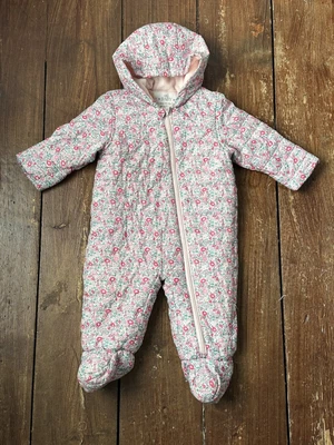 £5 • Buy M&S Snow Suit Quilted All-in-one Pram Suit 9-12 Months Pink Flowers Hood Zip
