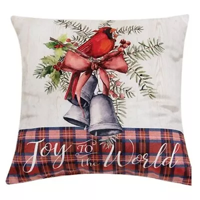 NEW CHRISTMAS PILLOW Bells Cardinal JOY TO THE WORLD WINTER 8  X 8  X 3  Plaid • $13.98