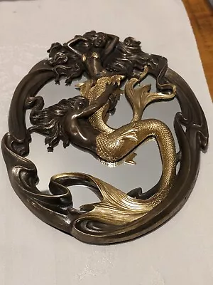 Holding On Merman & Mermaid In A Fluid Embrace Bronze & Gold Finish Wall Mirror • $30