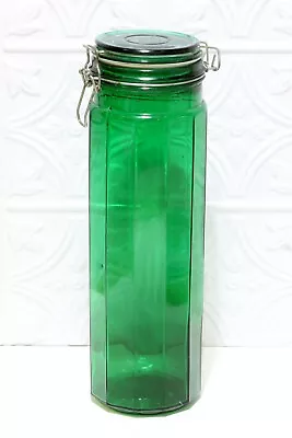 Vintage Canister Jar Dark Emerald Green Glass-Wire Bail Hinged Lid-12 Panel 10  • $16