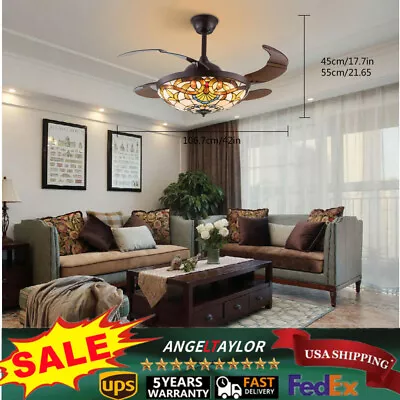 LED Tiffany Ceiling Fan Light Glass Shade Retractable Lamp Chandelier Stained • $123