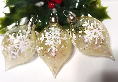 Vintage Mini Unsilvered Drop Glass Christmas Ornaments 3 Stenciled SNOWFLAKES • $10.77