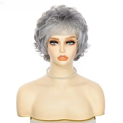 Women Gray White Hair With Black Mixed Short Wigs With Bangs For Mom Natural Wig • $16.98