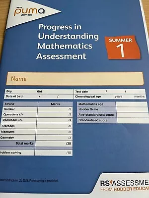 Puma (progress In Maths Assessment) Summer Year 1. See Item Description. • £2.50