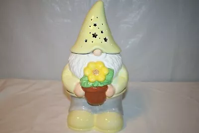 Yellow Gnome Holding Flower Pot Cookie Jar With Light Up Hat Mr Christmas - W1 • $34.95