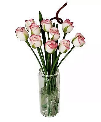  Miniature Dollhouse White & Pink Roses Flowers  In A Clear Vase 1:12 Scale New • $9.95