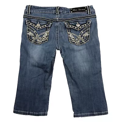 Miss Chic Women's Blue Jeans 9 Junior Denim Stretch Crop Capri Flap Pocket Studs • $7.95