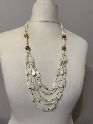 Multi Strand White Seed Bead & Mother Of Pearl Necklace Bohemian (JB21) • £3.49