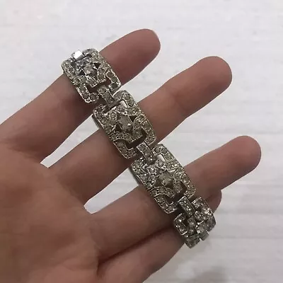 Vintage Rhinestone Art Deco Square Link Silver Tone Bracelet • $35