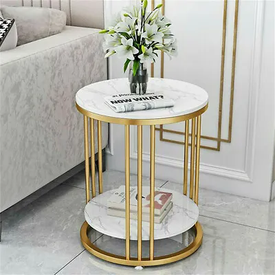 Steady 2 Tiers Round Sofa Side Table Sintered Stone Top Marble Effect/Gold Frame • £59.95