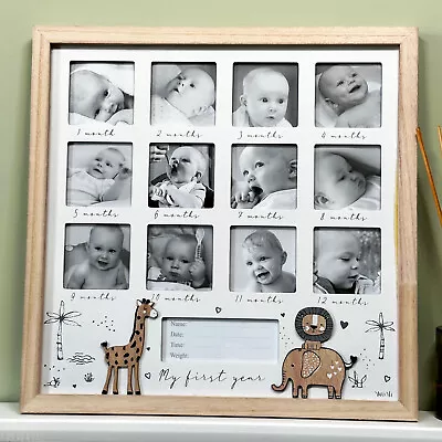 Safari First Year Photo Frame Wood Square New Baby 12 Month Multi Picture Holder • £21