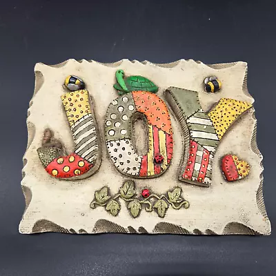 Vintage Chalkware Plaque  JOY  Patchwork Ladybugs Bees • $9.95