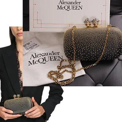 $2628.93 • Buy NEW $2770 ALEXANDER MCQUEEN Black Leather STUDS KING QUEEN SKULL Clutch BOX BAG