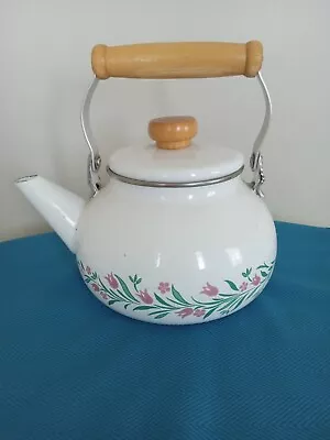 Rare Vintage Floral Tulip Enamel Tea Pot Wooden Handle With Lid • $9.99