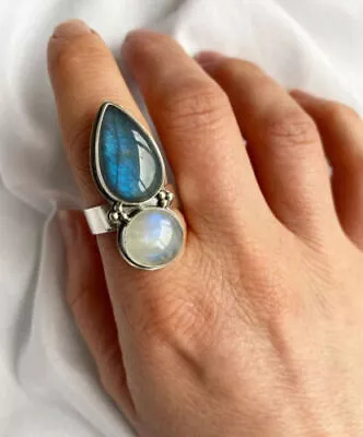 Labradorite And Moonstone Gemstone 925 Silver Ring Handmade Jewelry All Size • $7.31