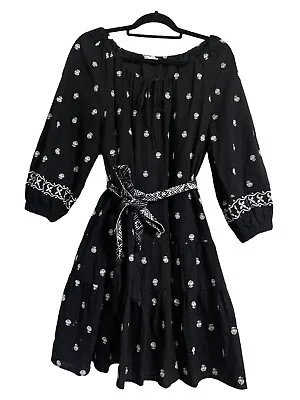 A Loves A Women’s Black Embroidered Mini Dress L  Folk Novelty Dandelion Tassel • $34.49