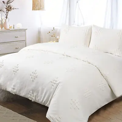 Ivory Duvet Cover Boho Queen Cream Cotton Tufted Textured Diamond Moroccan Clipp • $118.41