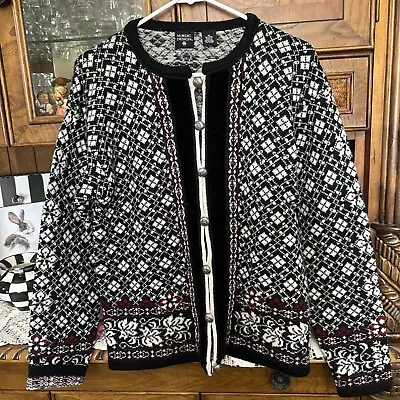 Vtg Nordic Design  Wool Cardigan Sweater JacketMetal Buttons Black/Ivory/Burg M • $29.99