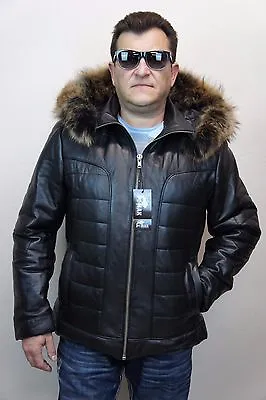 Black Real Lambskin Leather Puffer Padded Raccoon Hood Jacket Coat Bomber NWT • $169.15