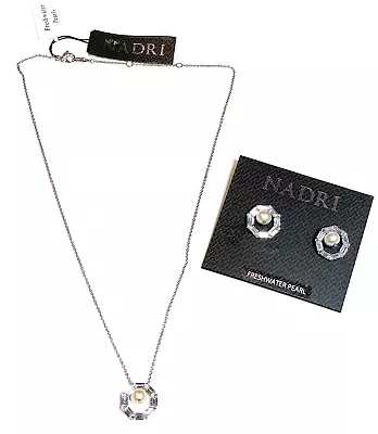 Nadri Freshwater Pearl And CZ Baguette Necklace & Earring Set Rhodium Plated NWT • $55