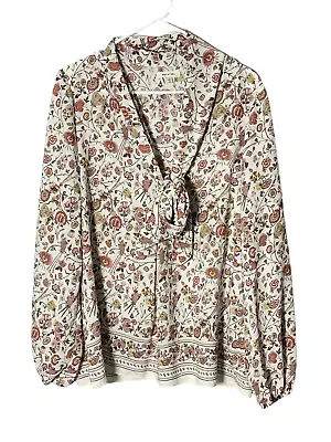 Max Studio Womens Long Sleeve Neck Tie Multicolor Floral Blouse Size Large (L) • $19.97