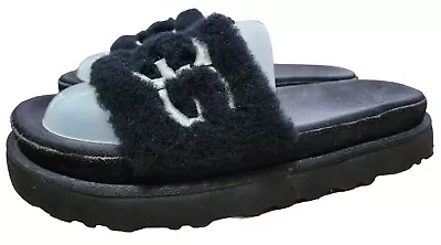 UGG Women's 10 Laton Fur Slide Sheepskin Black Slipper Sandals Big Logo 1111236 • $33.99