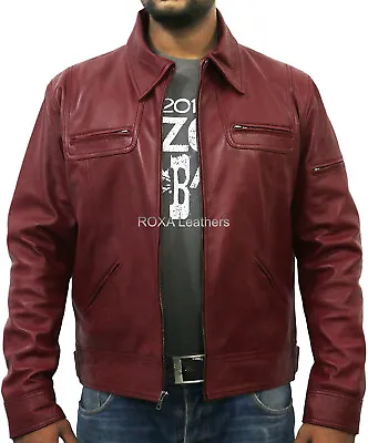 Western Men Burgundy Genuine Sheepskin 100% Leather Jacket Motorcycle Coat • $119.20