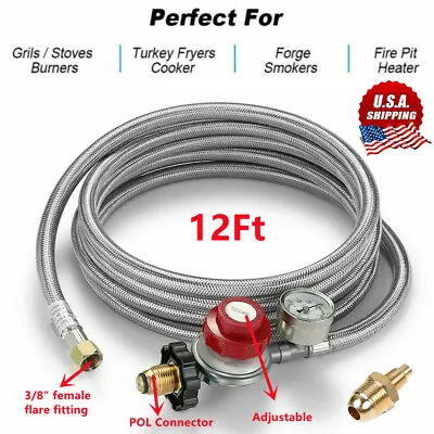 12ft High Pressure Adjustable Propane Gas Regulator With Braided Hose Indicator • $26.69