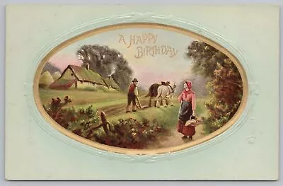 Greetings~Horse Drawn Plow & Woman Birthday Greeting~Vintage Postcard • $2.80