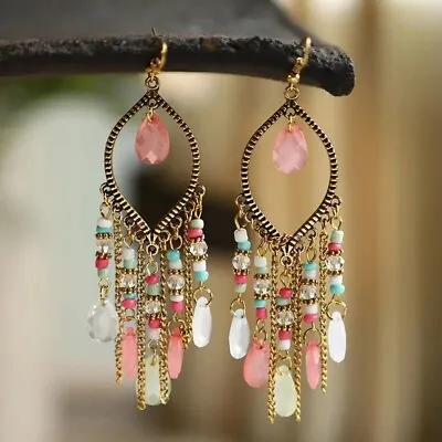 Women Retro Long Tassel Earrings Water Drop Chain Fashion Pink Stylish Charm New • $12.98