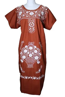Burnt Orange White Mexican Dress Tunic Boho Hand Embroidered Puebla Dress • £28.94
