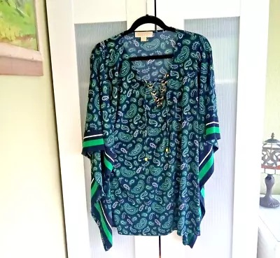 Michael Kors Kaftan Caftan Tunic Top Green Black Paisley Size XL • $35