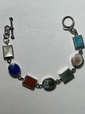 Sterling Silver Gemstone Bracelet Reversible Multi Gemstone & Onyx 7.5  XS 925 • $35