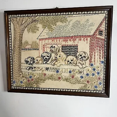 Vintage Hand Stitched Embroidered Picture Puppies Needle Work Framed Country 21” • $89.95