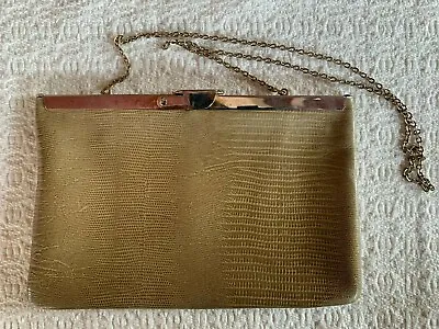 Vintage Etra Beige Genuine Leather/Lizard Clutch Purse Bag Gold/Brass Trim • $9.95